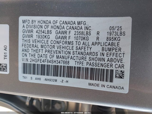 2HGFE4F84SH347668 Honda Civic Hybrid Sport/sport Touring