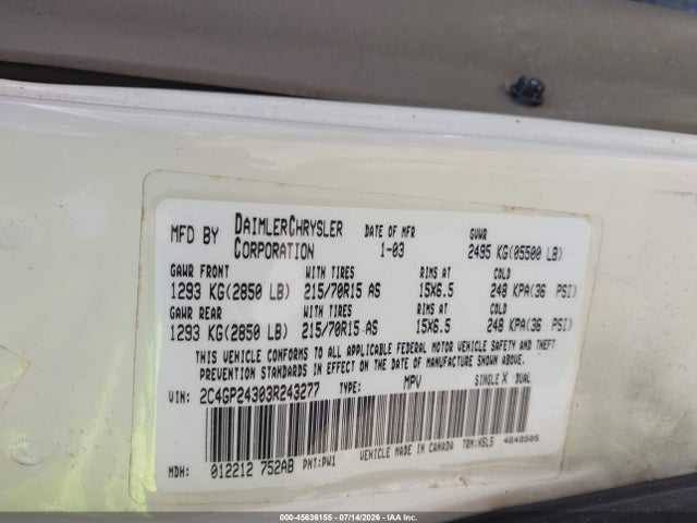45636155 :رقم المزاد ، 2C4GP24303R243277 vin ، 2003 Chrysler Town & Country مزاد بيع
