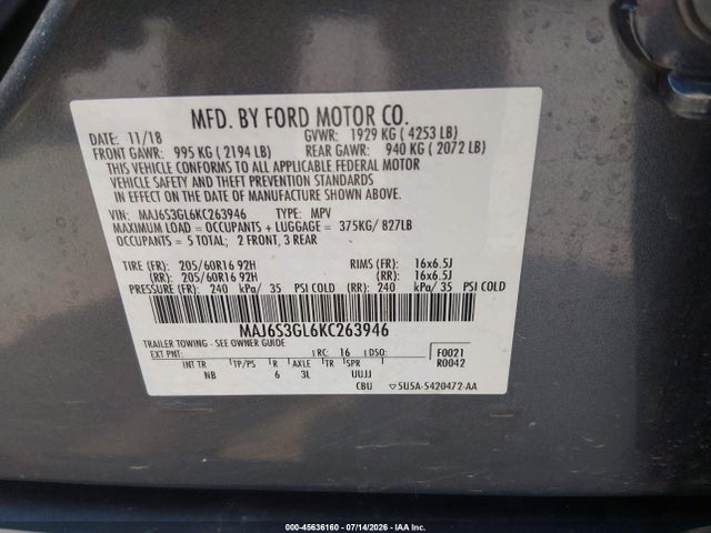 Aukcja sprzedaży 2019 Ford Ecosport Se, vin: MAJ6S3GL6KC263946, numer aukcji: 45636160