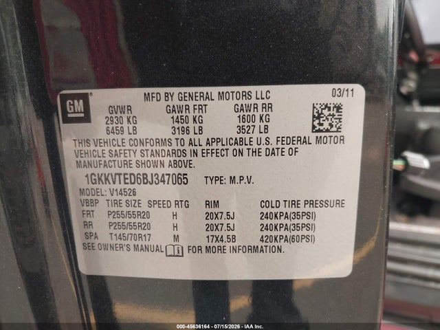45636164 :رقم المزاد ، 1GKKVTED6BJ347065 vin ، 2011 Gmc Acadia Denali مزاد بيع