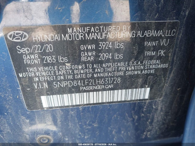 Продажа на аукционе авто 2020 Hyundai Elantra Sel, vin: 5NPD84LF2LH631728, номер лота: 45636176