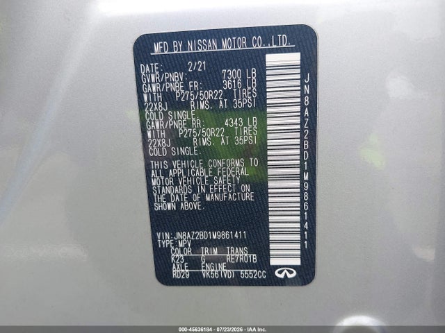 Продаж на аукціоні авто 2021 Infiniti Qx80 Sensory, vin: JN8AZ2BD1M9861411, номер лоту: 45636184