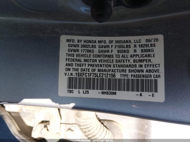 Продажа на аукционе авто 2020 Honda Civic Ex-l, vin: 19XFC1F75LE212156, номер лота: 45636188