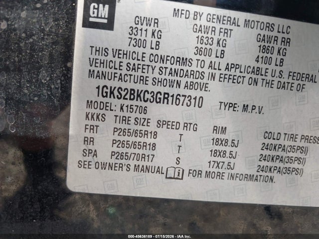 45636189 :رقم المزاد ، 1GKS2BKC3GR167310 vin ، 2016 Gmc Yukon Slt مزاد بيع