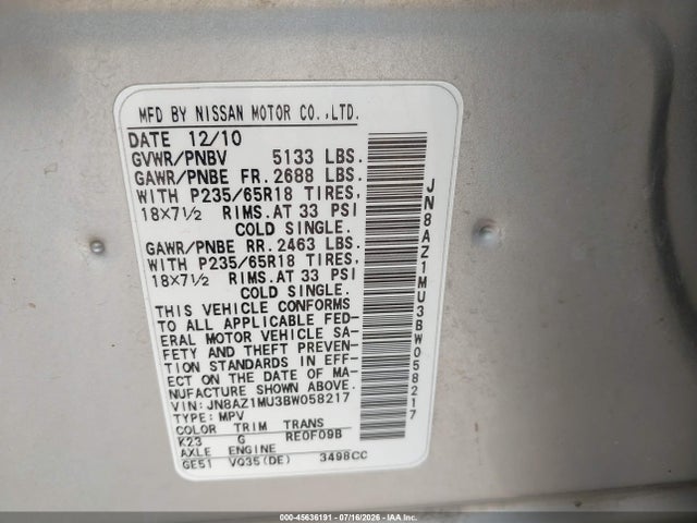 Продаж на аукціоні авто 2011 Nissan Murano Sl, vin: JN8AZ1MU3BW058217, номер лоту: 45636191