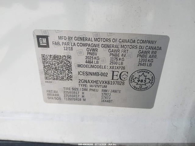 Aukcja sprzedaży 2019 Chevrolet Equinox Ls, vin: 2GNAXHEVXK6197828, numer aukcji: 45636209