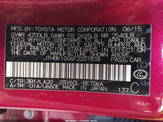 Lexus ES 350 2015 JTHBK1GG6F2207838 Image 9