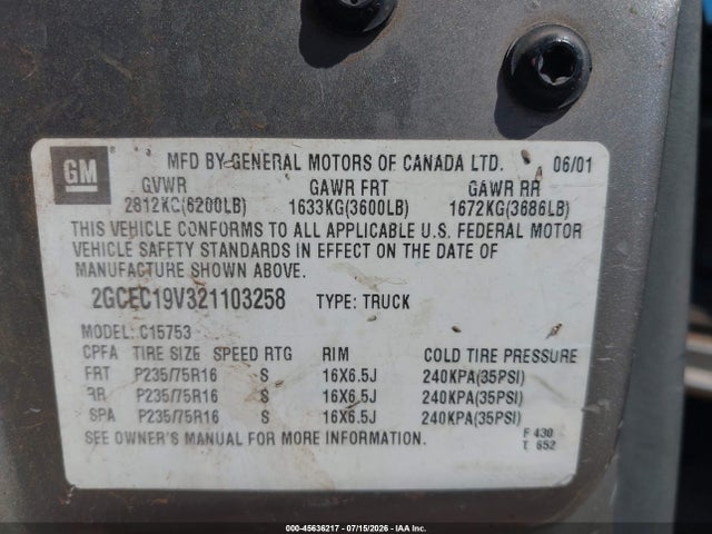 2002 Chevrolet Silverado 1500 მანქანა იყიდება აუქციონზე, vin: 2GCEC19V321103258, აუქციონის ნომერი: 45636217
