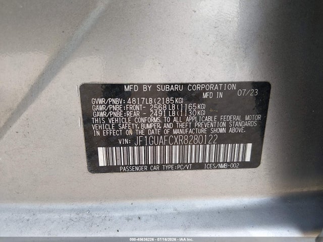 45636226 :رقم المزاد ، JF1GUAFCXR8280122 vin ، 2024 Subaru Impreza Sport 5-door مزاد بيع