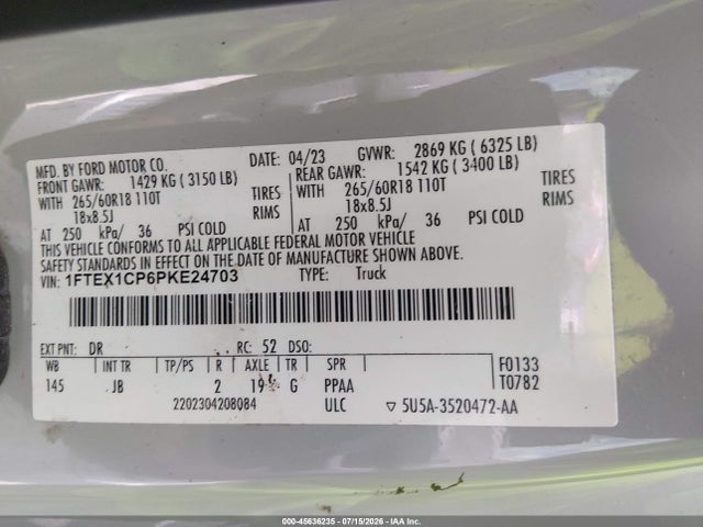 Продаж на аукціоні авто 2023 Ford F-150 Xl, vin: 1FTEX1CP6PKE24703, номер лоту: 45636235