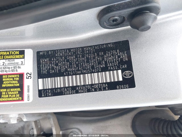 Aukcja sprzedaży 2021 Toyota Camry Se, vin: 4T1G11AK1MU574070, numer aukcji: 45636264