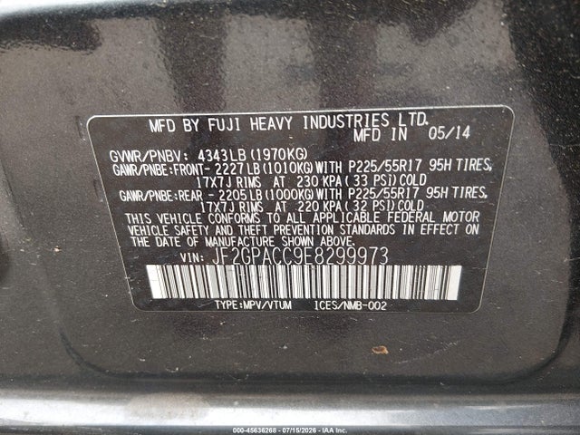 45636268 :رقم المزاد ، JF2GPACC9E8299973 vin ، 2014 Subaru Xv Crosstrek 2.0i Premium مزاد بيع
