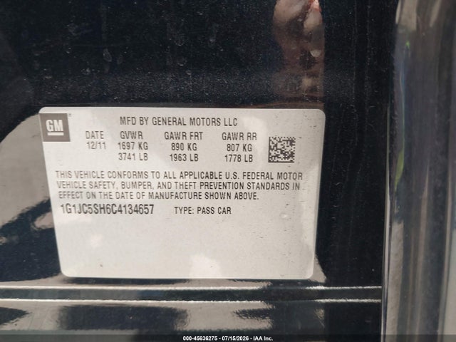 2012 Chevrolet Sonic 2lt მანქანა იყიდება აუქციონზე, vin: 1G1JC5SH6C4134657, აუქციონის ნომერი: 45636275