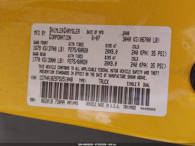 Aukcja sprzedaży 2007 Dodge Ram 1500 Slt, vin: 1D7HA18297S251048, numer aukcji: 45636288