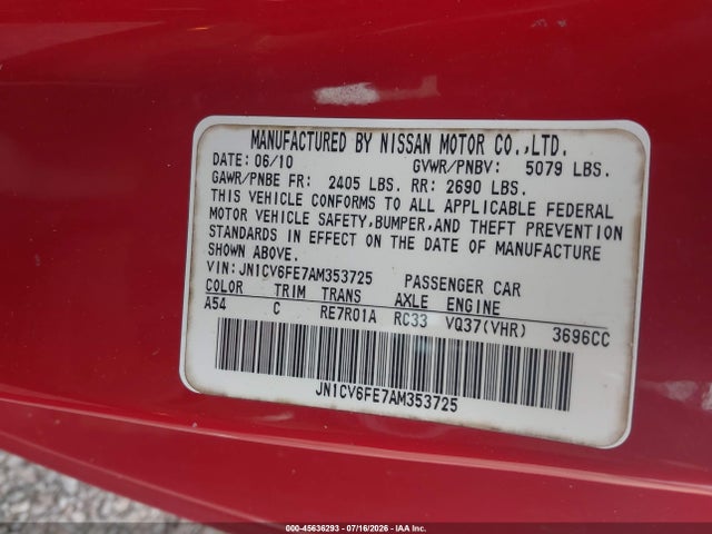 Продажа на аукционе авто 2010 Infiniti G37, vin: JN1CV6FE7AM353725, номер лота: 45636293