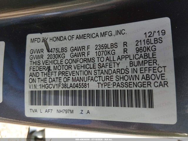 45636306 :رقم المزاد ، 1HGCV1F38LA045581 vin ، 2020 Honda Accord Sport مزاد بيع