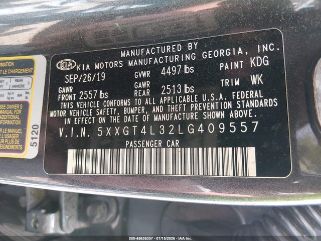 45636307 :رقم المزاد ، 5XXGT4L32LG409557 vin ، 2020 Kia Optima Lx مزاد بيع