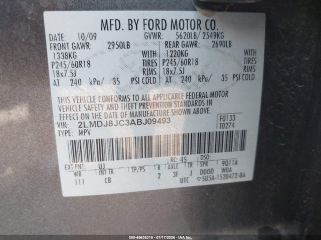 Aukcja sprzedaży 2010 Lincoln Mkx, vin: 2LMDJ8JC3ABJ09493, numer aukcji: 45636315