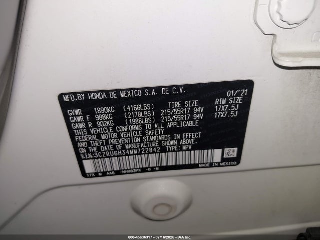 Aukcja sprzedaży 2021 Honda Hr-v Awd Lx, vin: 3CZRU6H34MM722842, numer aukcji: 45636317