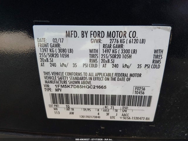 Aukcja sprzedaży 2017 Ford Explorer Xlt, vin: 1FM5K7D85HGC21665, numer aukcji: 45636327