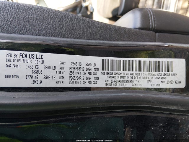 Продажа на аукционе авто 2019 Dodge Durango Sxt Rwd, vin: 1C4RDHAG4KC616310, номер лота: 45636356