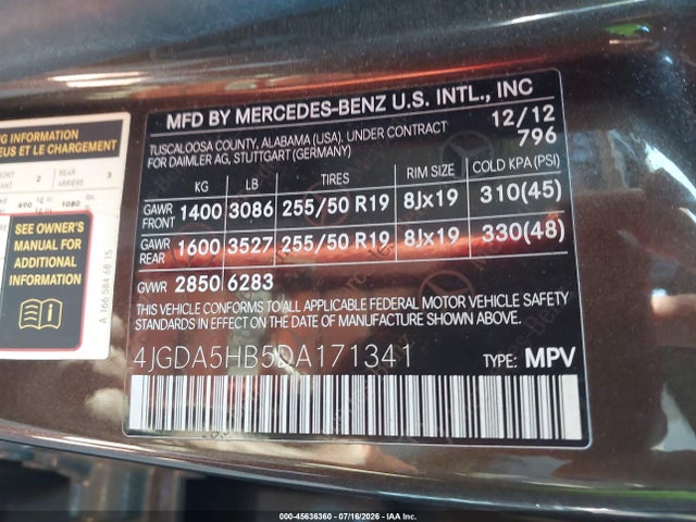 Aukcja sprzedaży 2013 Mercedes-benz Ml 350 4matic, vin: 4JGDA5HB5DA171341, numer aukcji: 45636360