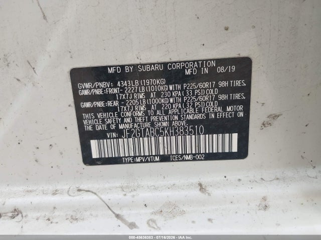Aukcja sprzedaży 2019 Subaru Crosstrek 2.0i, vin: JF2GTABC5KH383510, numer aukcji: 45636383
