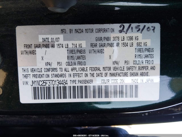 45636391 :رقم المزاد ، JM1NC25F370134484 vin ، 2007 Mazda Mx-5 Touring مزاد بيع
