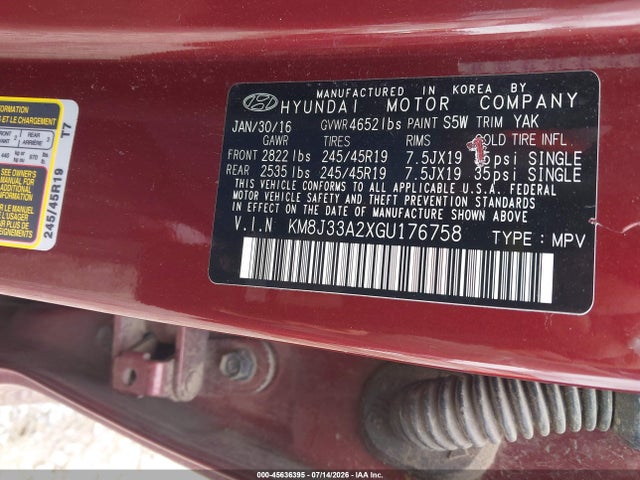 2016 Hyundai Tucson Sport მანქანა იყიდება აუქციონზე, vin: KM8J33A2XGU176758, აუქციონის ნომერი: 45636395