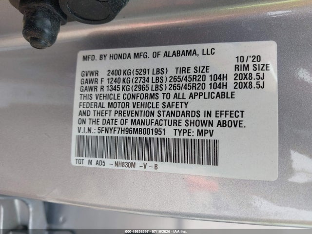5FNYF7H96MB001951 Honda Passport 2wd Touring