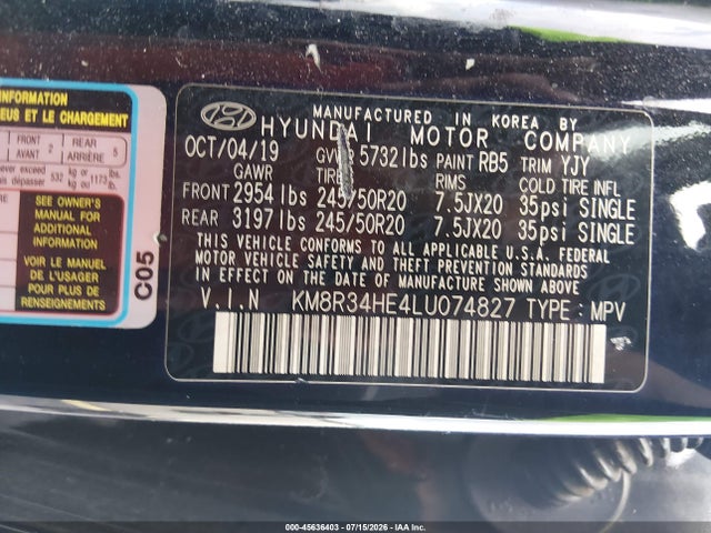 45636403 :رقم المزاد ، KM8R34HE4LU074827 vin ، 2020 Hyundai Palisade Sel مزاد بيع