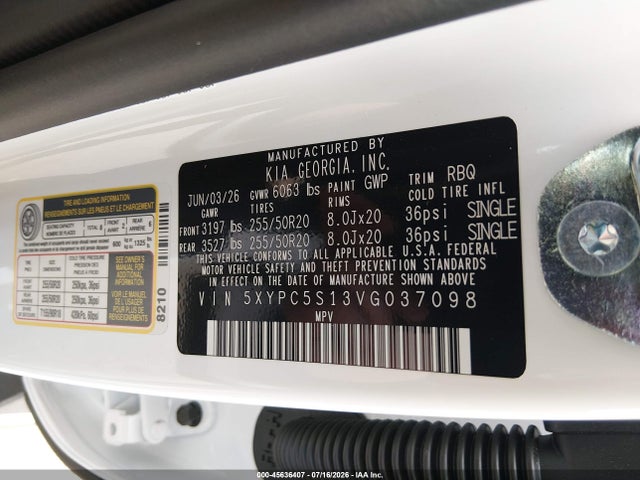Aukcja sprzedaży 2027 Kia Telluride Ex, vin: 5XYPC5S13VG037098, numer aukcji: 45636407