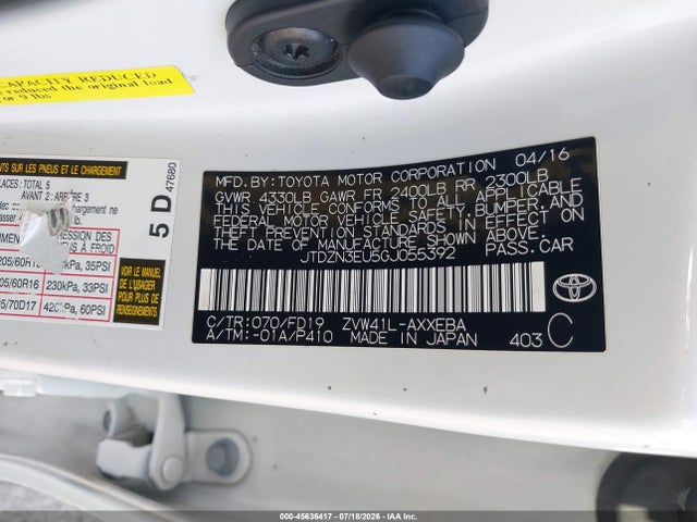 45636417 :رقم المزاد ، JTDZN3EU5GJ055392 vin ، 2016 Toyota Prius V Three مزاد بيع