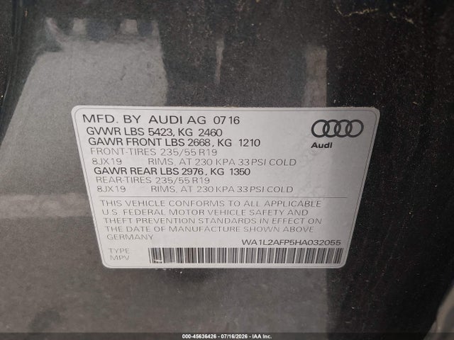 45636426 :رقم المزاد ، WA1L2AFP5HA032055 vin ، 2017 Audi Q5 2.0t Premium مزاد بيع