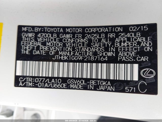 Aukcja sprzedaży 2015 Lexus Es 350, vin: JTHBK1GG9F2187164, numer aukcji: 45636429