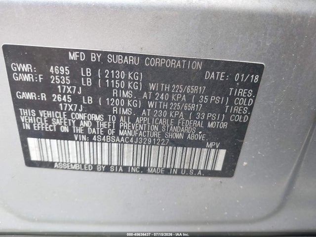 Продаж на аукціоні авто 2018 Subaru Outback 2.5i, vin: 4S4BSAAC4J3291227, номер лоту: 45636437