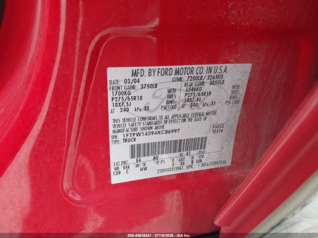 2004 Ford F-150 Fx4/lariat/xlt მანქანა იყიდება აუქციონზე, vin: 1FTPW14594KC86997, აუქციონის ნომერი: 45636441