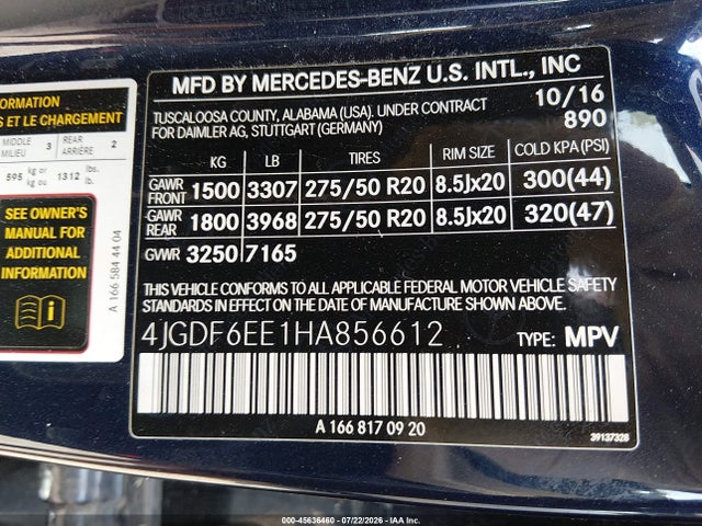2017 Mercedes-benz Gls 450 4matic მანქანა იყიდება აუქციონზე, vin: 4JGDF6EE1HA856612, აუქციონის ნომერი: 45636460