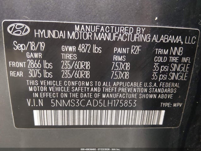 Aukcja sprzedaży 2020 Hyundai Santa Fe Sel, vin: 5NMS3CAD5LH175853, numer aukcji: 45636465