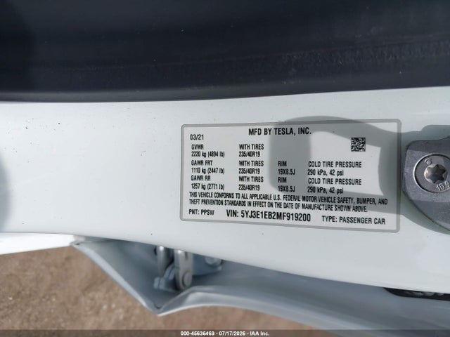 Aukcja sprzedaży 2021 Tesla Model 3 Long Range Dual Motor All-wheel Drive, vin: 5YJ3E1EB2MF919200, numer aukcji: 45636469