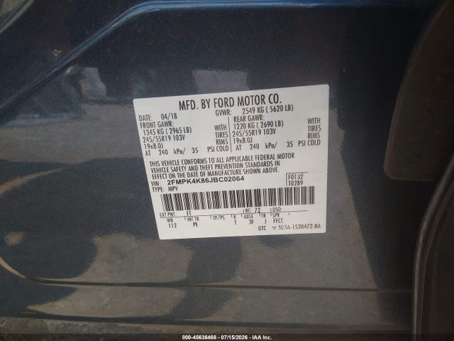 Ford Edge Titanium 2018 2FMPK4K86JBC02064 Image 9