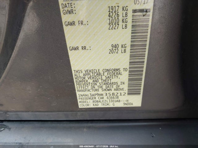 2017 Nissan Altima 2.5 S მანქანა იყიდება აუქციონზე, vin: 1N4AL3AP9HN358212, აუქციონის ნომერი: 45636491