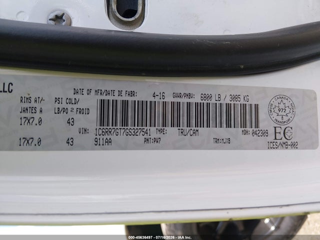 Продаж на аукціоні авто 2016 Ram 1500 Slt, vin: 1C6RR7GT7GS327541, номер лоту: 45636497