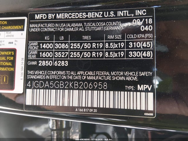 2019 Mercedes-benz Gle 400 4matic მანქანა იყიდება აუქციონზე, vin: 4JGDA5GB2KB206958, აუქციონის ნომერი: 45636500