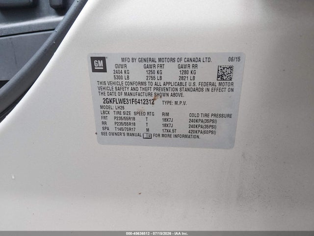 Aukcja sprzedaży 2015 Gmc Terrain Sle-2, vin: 2GKFLWE31F6412312, numer aukcji: 45636512
