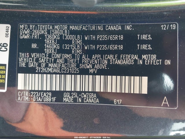 2020 Lexus Rx 350 მანქანა იყიდება აუქციონზე, vin: 2T2HZMDA6LC231025, აუქციონის ნომერი: 45636517