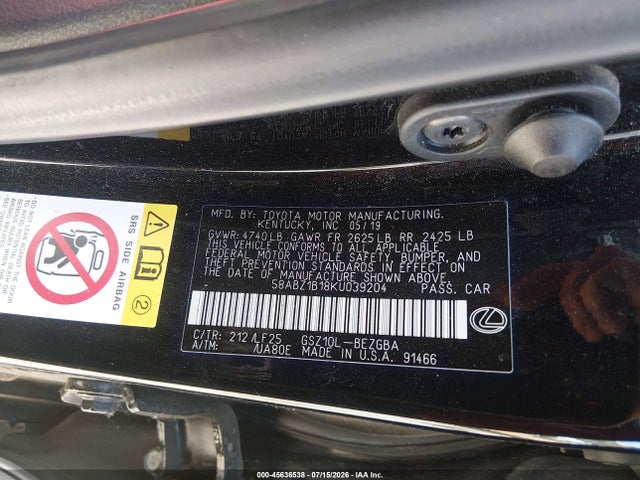 Продажа на аукционе авто 2019 Lexus Es 350 F Sport, vin: 58ABZ1B18KU039204, номер лота: 45636538