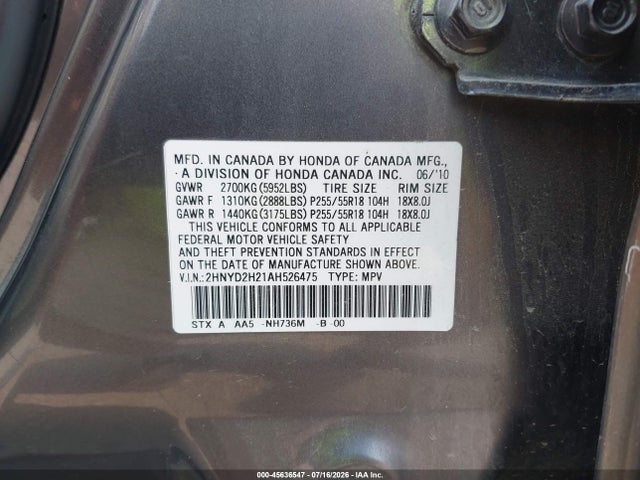 45636547 :رقم المزاد ، 2HNYD2H21AH526475 vin ، 2010 Acura Mdx مزاد بيع