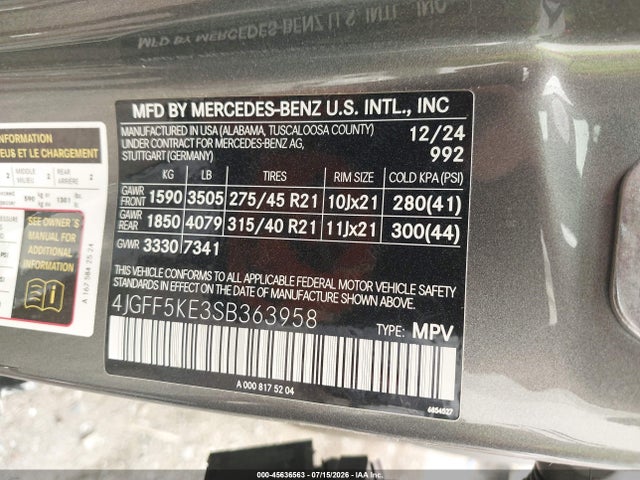Aukcja sprzedaży 2025 Mercedes-benz Gls 450 4matic, vin: 4JGFF5KE3SB363958, numer aukcji: 45636563