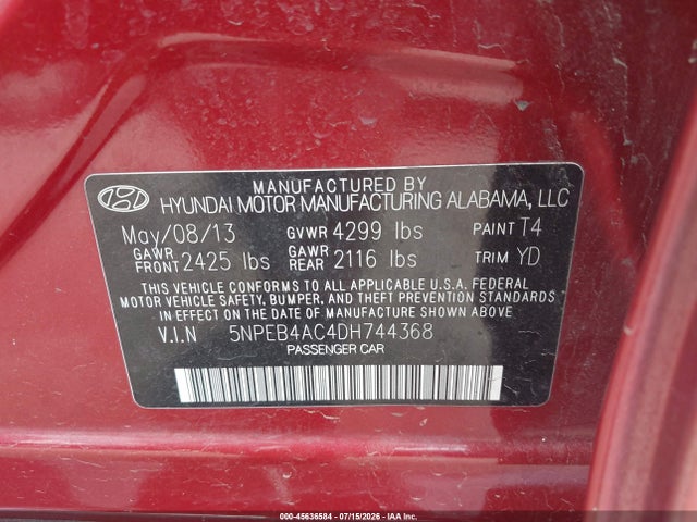 45636584 :رقم المزاد ، 5NPEB4AC4DH744368 vin ، 2013 Hyundai Sonata Gls مزاد بيع